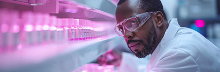 Focused scientist examining samples in a modern laboratory setting.の素材