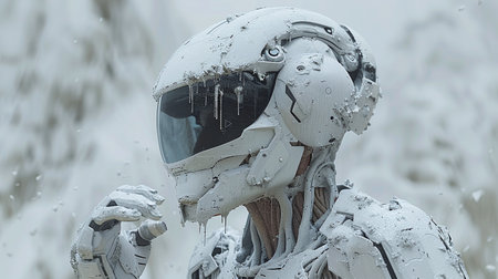 Motorcyclist in white helmet covered with snow, winter extreme sports concept.の素材