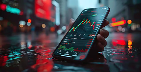 Close-up of a smartphone displaying stock market data, with city lights reflected on a wet surface at night.の素材