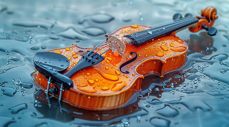 Wet violin lying on a reflective surface with water droplets, conveying a sense of melancholy or abandoned art.の素材