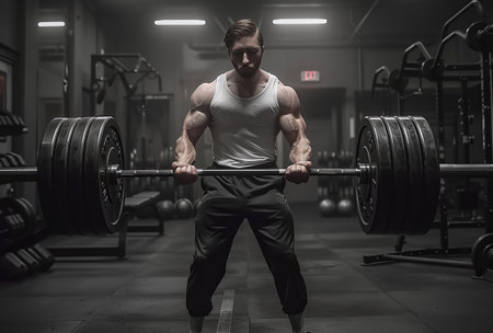 Focused man lifting heavy barbell during deadlift workout in a dimly lit gym, showcasing strength and determination.の素材
