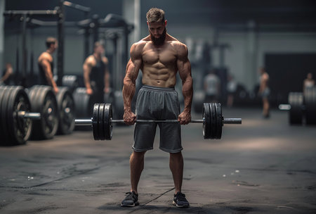 Muscular man lifting weights at a gym, showcasing strength and fitness.の素材