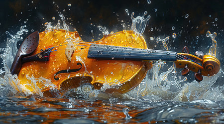 Dynamic image of a violin with water splashes on a dark background, conveying movement and the fusion of music and nature.の素材