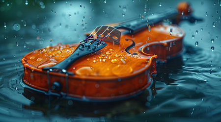 A violin with water droplets on its surface, floating on water with a blurred background.の素材