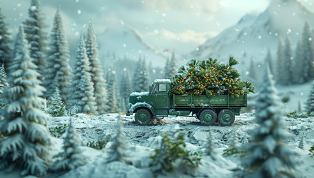 Vintage truck carrying Christmas trees through a snowy winter landscape with pine forest and mountains in the background.の素材