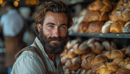 Artisan baker in a rustic bakery with fresh loaves of breadの素材