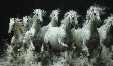 Herd of white horses galloping powerfully through water with splashes, against a dark background.の素材
