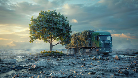 Semi truck transporting a large tree on a desolate landscape with dramatic sky at dusk.の素材