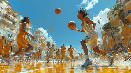 Dynamic street basketball game with motion blur, vibrant summer backdrop.の素材