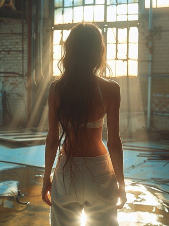 Silhouette of a woman standing in a sunlit industrial space, with rays of light creating a serene atmosphere.の素材
