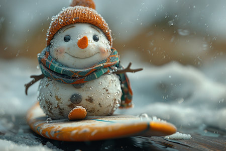 Cheerful snowman with a scarf and hat under falling snowflakes, depicting a cozy winter scene.の素材