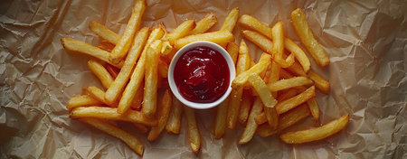 Crispy golden french fries with ketchup on parchment paper, top view. Fast food concept.の素材