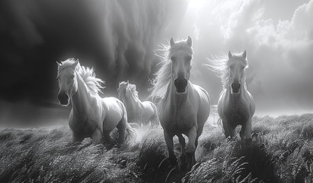 Three majestic white horses galloping in a dramatic black and white landscape with dynamic clouds.の素材