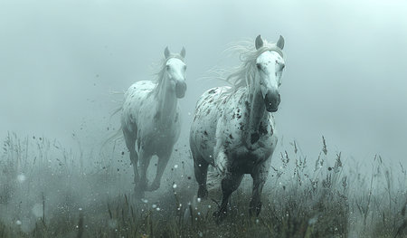 Two white horses with spots galloping in a misty field, conveying a sense of freedom and wild beauty.の素材