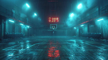 Empty basketball court at night with neon lights and wet surface, creating a moody and atmospheric urban scene.の素材