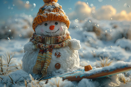 Cheerful snowman with a red hat and scarf under falling snowflakes, conveying winter joy and holiday spirit.の素材