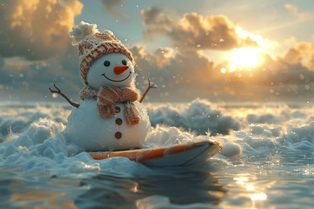 Cheerful snowman with a red hat and scarf under falling snowflakes, conveying winter joy and holiday spirit.の素材