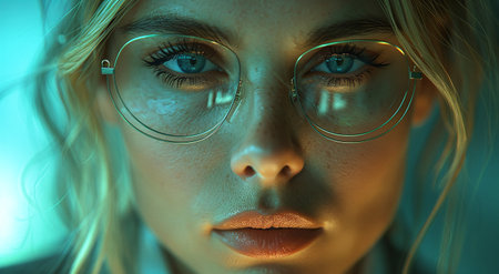 Close-up of a young woman with glasses in moody blue lighting, highlighting her eyes and serious expression.の素材