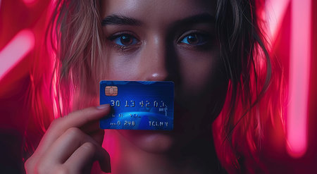 Close-up of a woman holding a credit card near her face with neon lights in the background.の素材