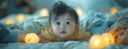 Adorable baby lying on bed with glowing lights, looking curious and cute.の素材