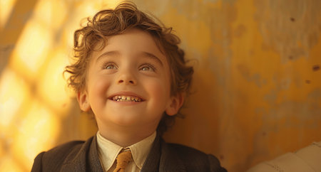 Joyful young boy with curly hair smiling in golden sunlight, exuding happiness and innocence.の素材