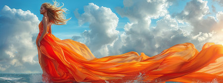 Elegant woman in flowing orange dress on beach with hair blowing in the wind, dramatic clouds in the background.の素材
