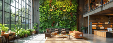 Modern eco-friendly office space with natural light, indoor green wall, and contemporary wooden furniture.の素材