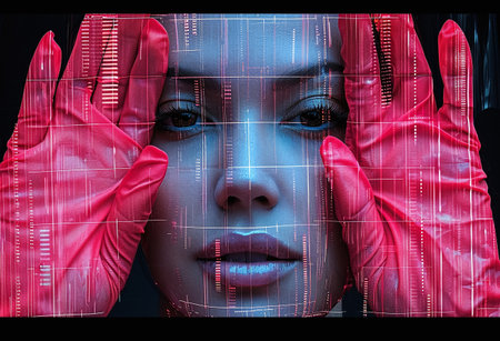 Close-up of a woman's face with digital code overlay and red-gloved hands framing her eyes, symbolizing cybersecurity and digital identity.の素材