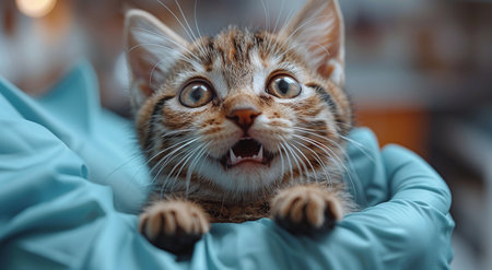 Surprised kitten being held in veterinarian's hands, showing expressive eyes and whiskers, with a blurred background.の素材