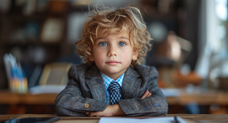 Portrait of a thoughtful young boy with curly hair dressed in a suit, sitting at a desk with a serious expression.の素材