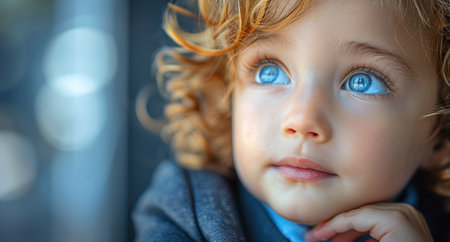 Close-up of a thoughtful child with curly hair and blue eyes gazing out a window, reflecting innocence and curiosity.の素材