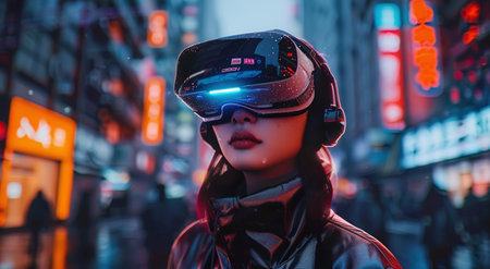 Woman in VR headset with neon city lights reflecting on visor, futuristic urban concept.の素材