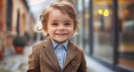 Portrait of a smiling toddler boy in a suit with a blue shirt, looking away with a joyful expression, blurred background.の素材