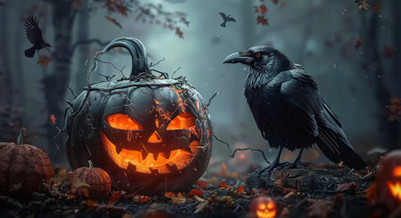 Mysterious Halloween scene with a glowing jack-o'-lantern and a raven in a spooky forest.の素材