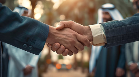 Business handshake with diverse executives and blurred background of Middle Eastern setting.の素材