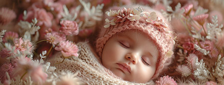 Peaceful newborn sleeping amidst pink flowers, wearing a knitted hat.の素材