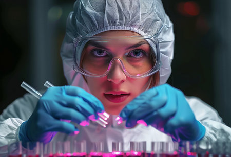 Focused scientist in lab coat and protective gear pipetting a sample in a laboratory with colorful lighting.の素材