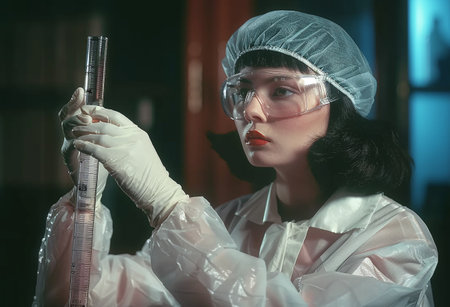Female scientist in lab coat and protective glasses examining a test tube in a laboratory setting.の素材