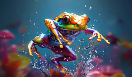 Colorful frog with vibrant paint splashes on a grey background, depicting creativity and energy.の素材