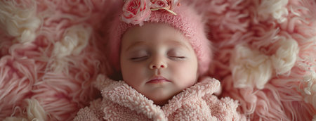 Peaceful newborn baby sleeping on a pink fluffy blanket, wearing a knitted hat.の素材