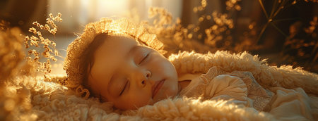 Peaceful newborn sleeping in warm golden light, wrapped in a cozy blanket, depicting innocence and serenity.の素材