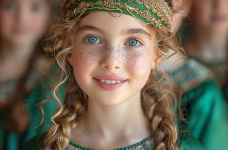 Portrait of a beautiful girl with long curly hair in a green dress.の素材