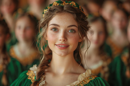 Portrait of a young woman in medieval costume with a floral crown, smiling gently with a blurred background of similarly dressed people.の素材