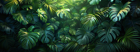 Lush green tropical leaves background with natural patterns and shadows.の素材