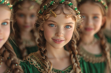 Portrait of a young girl with braided hair and a floral headband, flanked by others in soft focus.の素材