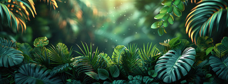 Lush tropical foliage with sunbeams penetrating the dense jungle leaves, creating a serene natural background.の素材