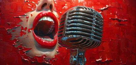 Vintage microphone with a woman's red-lipped mouth singing passionately against a vibrant red background.の素材