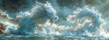 Majestic dragons clashing amidst stormy seas, with water splashing and dramatic lighting. Fantasy battle scene.の素材