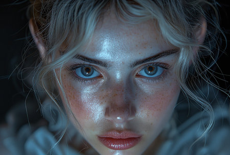 Close-up of a woman with intense blue eyes and dramatic lighting, conveying mystery and emotion.の素材
