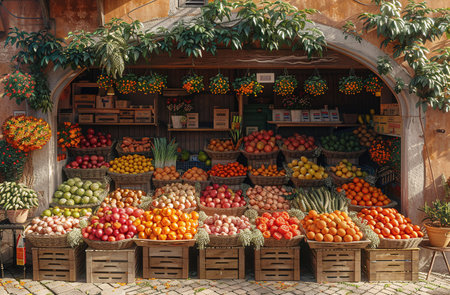 Colorful fruit stand with a variety of fresh produce displayed in wooden crates against an old brick wall.の素材